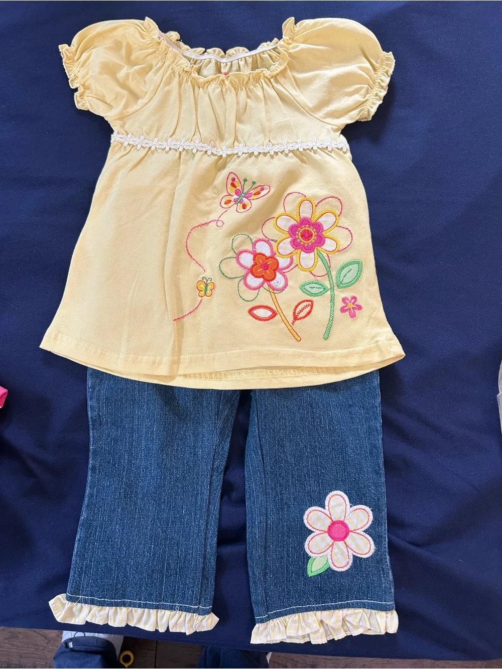 NWOT — Girls Yellow Floral Embroidered Matching Set - Top & Jeans